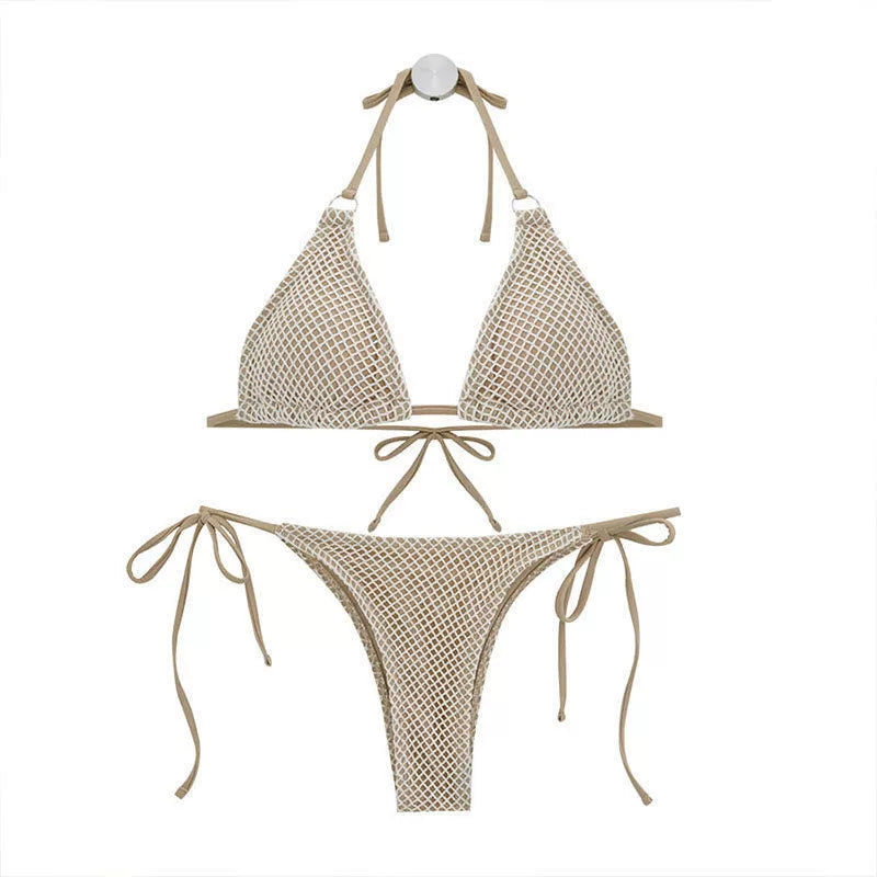 Bikini Swimsuit Women's Fashion Instagram Mesh Red Wind Vacation Sexy Little Chest Gathered Grid Vacation Separates Swimsuit