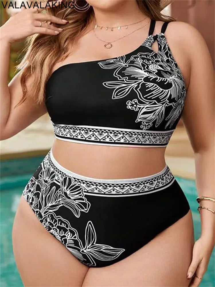2025 Print One-shoulder Two Piece Plus Size Bikini Women High Waist Large Swimsuit Lady Chubby Swimwear Beach Curvy Bathing Suit