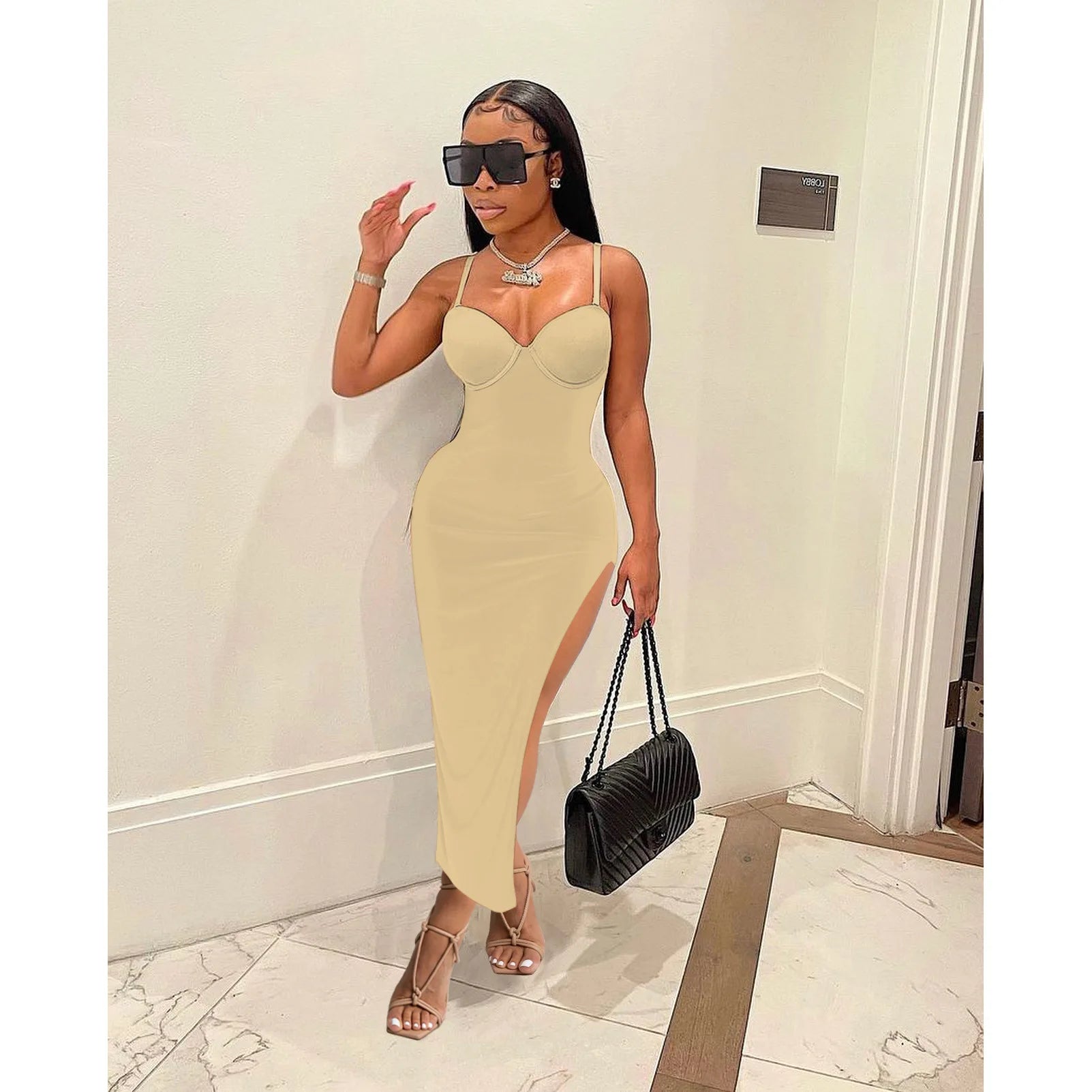 FAGADOER Sexy High Slit Bodycon Long Dress Women Solid Color Spaghetti Strap Backless Dresses Female Streetwear Vestidos 2025