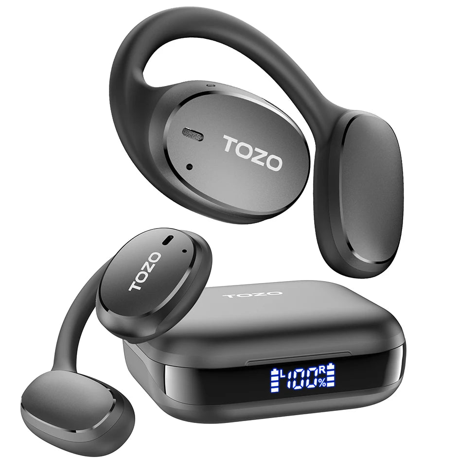 Refurbished TOZO OpenEgo Headsets Open Ear Headphone Bluetooth Dual Mic Clear Call Earphones with Earhooks IPX5 Water-resistant