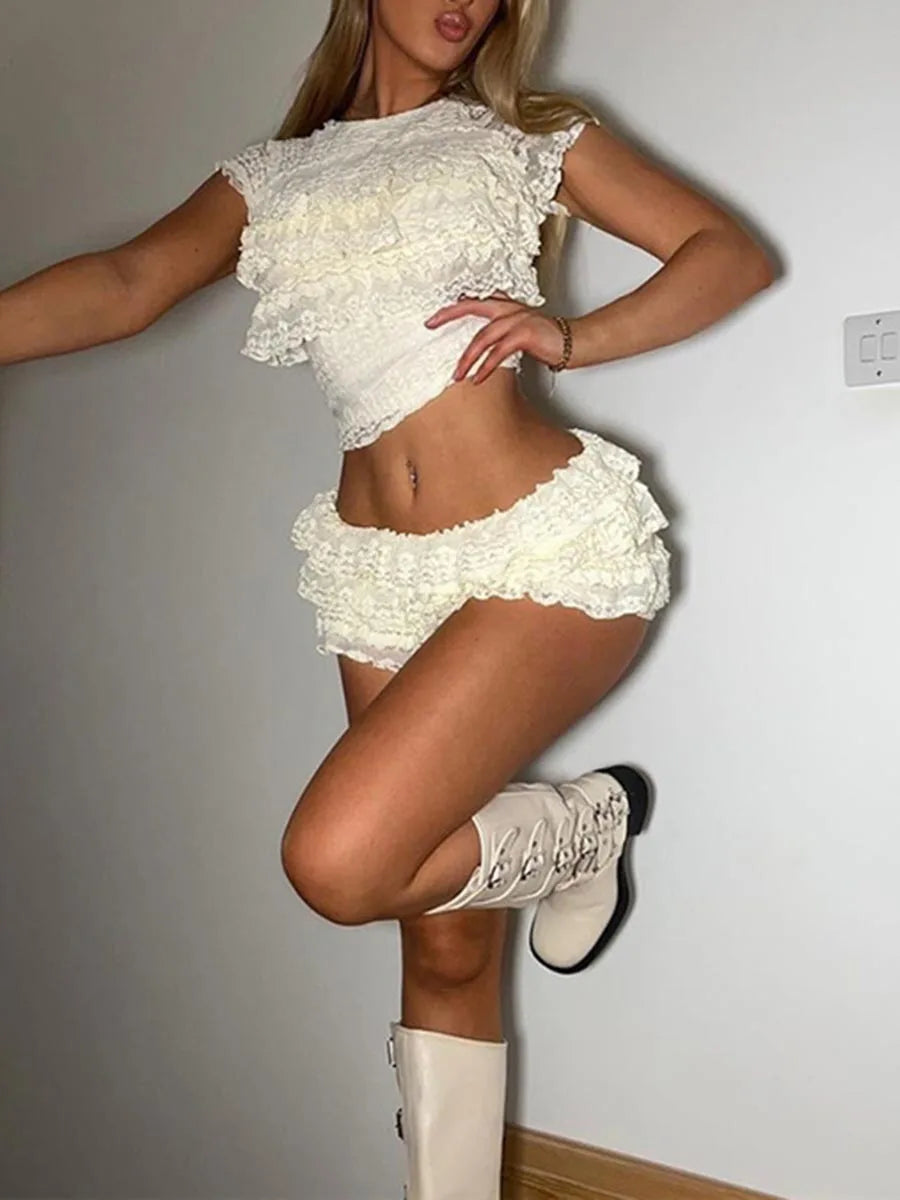 Women s Lace Crop Top and High Waisted Shorts Set with Short Sleeves and O Neckline Tiered Lace Design for a Stylish Look