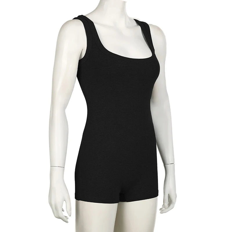 BIIKPIIK Solid Square Collar Women Rompers Casual Sleeveless Knit Playsuits Sporty Jogging Slim Fit Overalls Body-shaping Summer