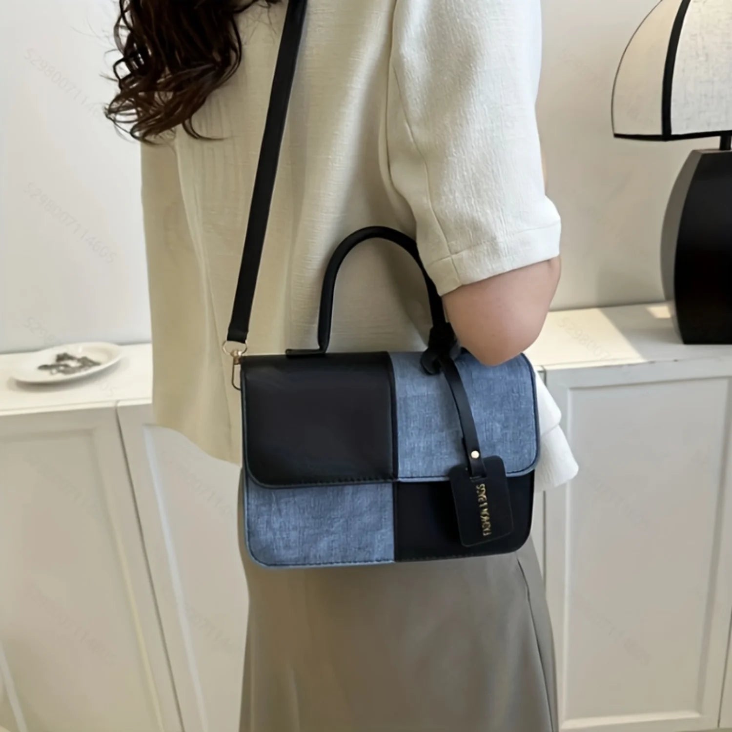 Chic Colorblock Square Top Handle Handbag for Women, Stylish Flap Shoulder Purse with Novelty Design, Fashionable PU Leather Bag
