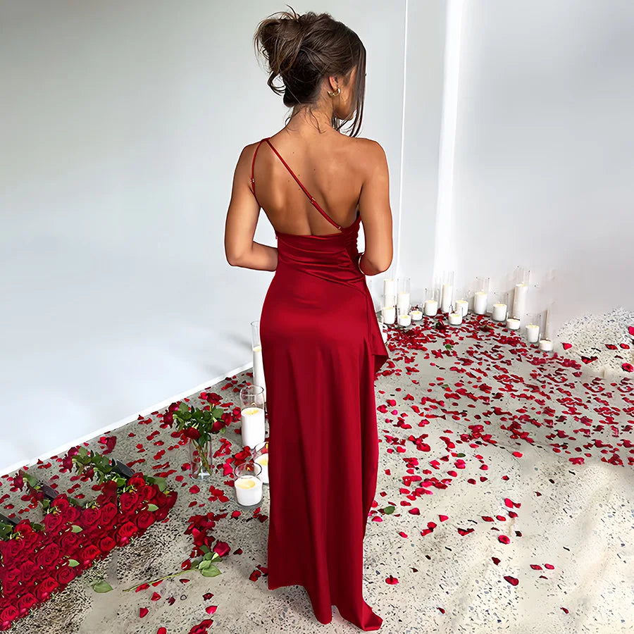 Summer Sexy One Shoulder Satin Long Dress For Women Sleeveless Backless High Split Party Evening Dresses Elegant Cocktail Dress