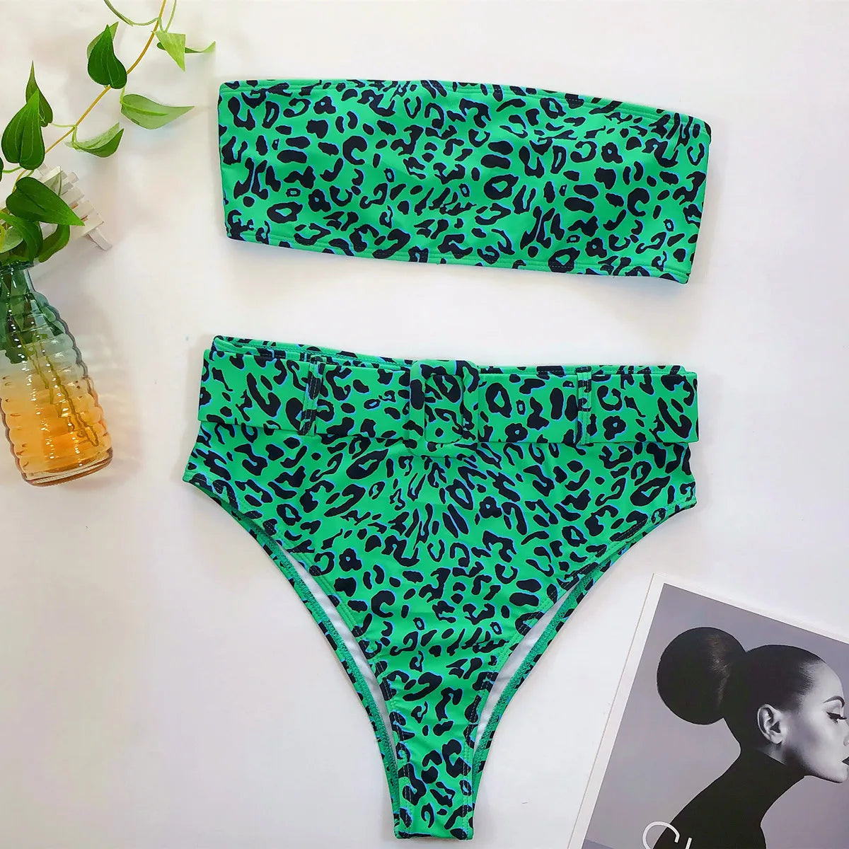 2023 Swimsuit Women Neon Green Strapless High Waist Bikini Beach Bathing Suit Waist Buckle Swimwear Maillot De Bain Femme XMB10