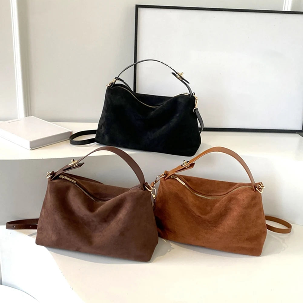 Women Suede Shoulder Bag Adjustable Strap Hobo Purse With Inner Pocket Satchel Purse Zipper Clutch Purse for Work Travel