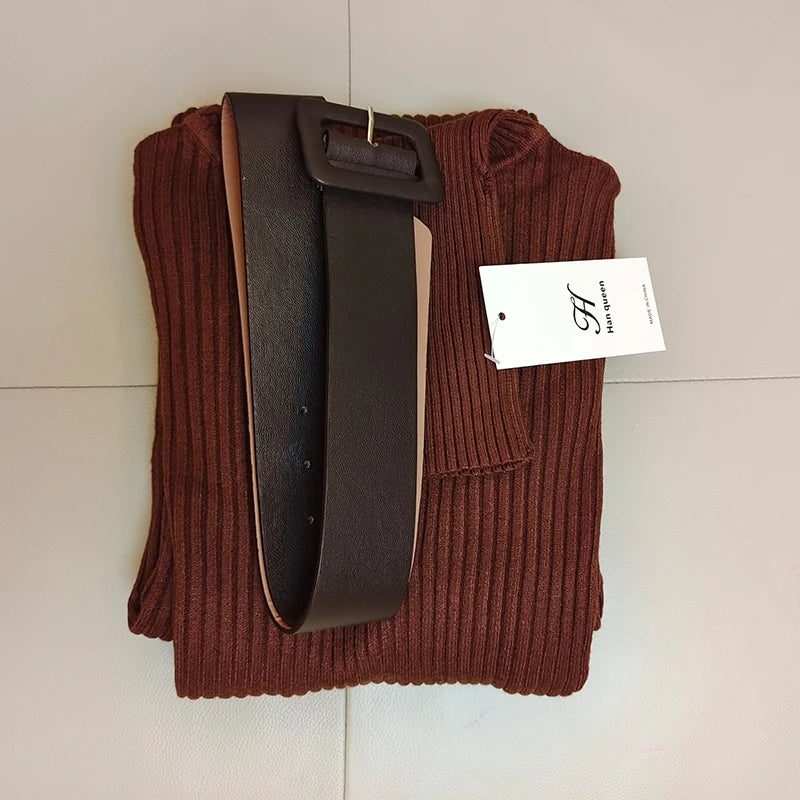 H Han Queen Knitted Turtleneck Sweater Bodycon Dress Bottoming Women Soft Elastic Autumn Winter Midi Party Dresses With Belt