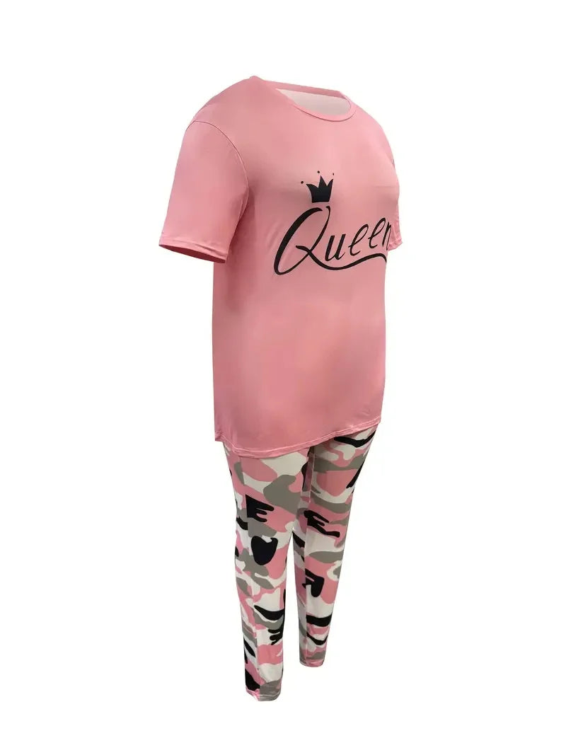 Plus Size Women's Casual Suit, Fashion Letter Print Camouflage Pants Two-Piece Set