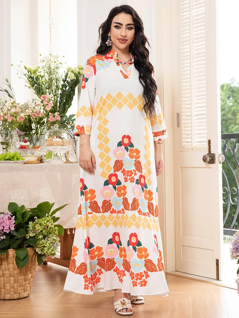 2025 Spring New Arrival: Sweet Vacation-Style V-Neck Floral Color-Blocked Long-Sleeved Midi Dress