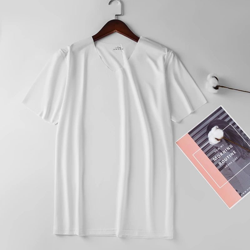 2024 Men's Thin Short Sleeve Ice Silk Without Summer Solid Color T Shirt Trace Slim V-neck Bottoming Seamless Short Sleeve