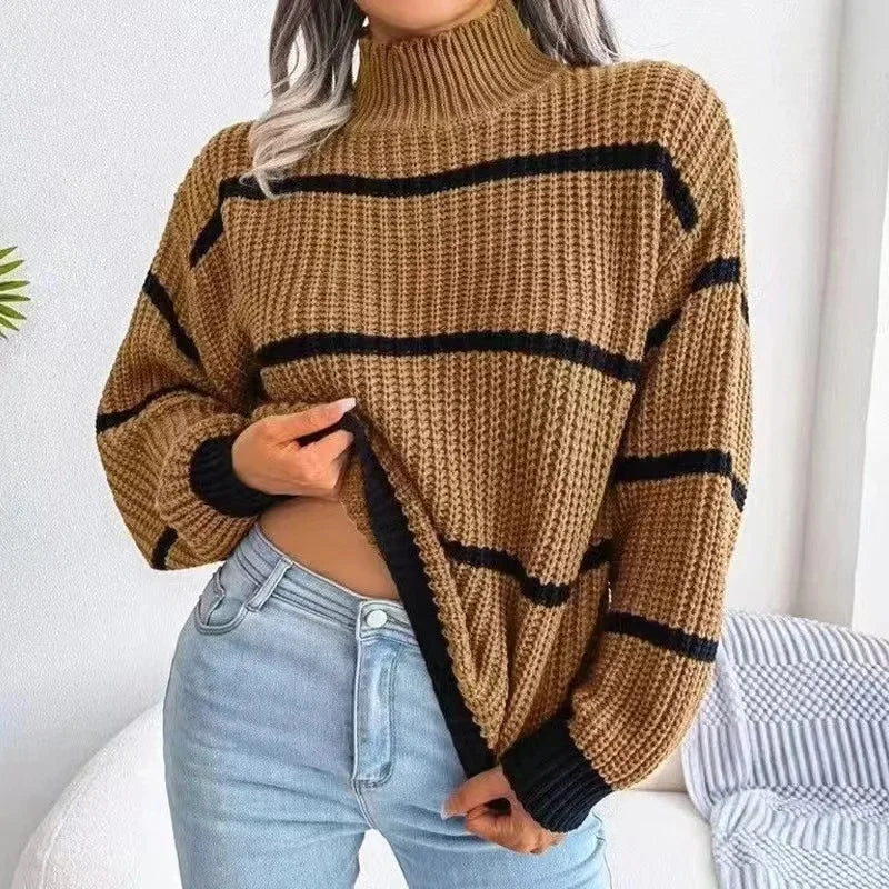 Autumn Winter Stripe Sweaters Pullovers Women New Solid Color Long Sleeved Jumpers Fashion High Neck Warm Pullover Knitwears Top