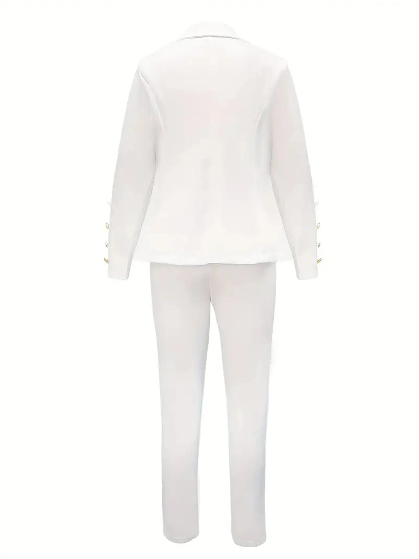 Women's White Two-Piece Suit Set, Double Breasted Long Sleeved Lapel Suit Jacket and High Waisted Slim Pants