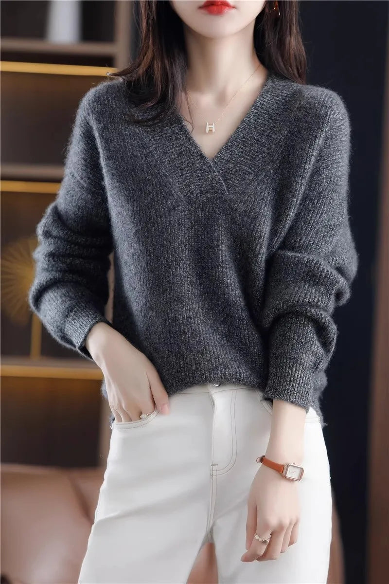 V-neck Basis Pullover Women's Solid Loose Knit Sweater Autumn Winter Jumpers Knitwear Soft Warm Chic Femme Sweater Casual Tops