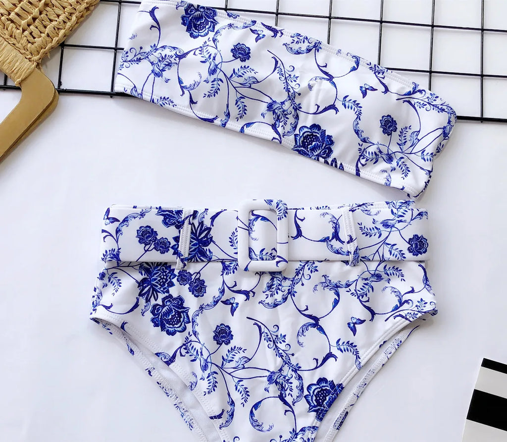 2023 Swimsuit Women Neon Green Strapless High Waist Bikini Beach Bathing Suit Waist Buckle Swimwear Maillot De Bain Femme XMB10