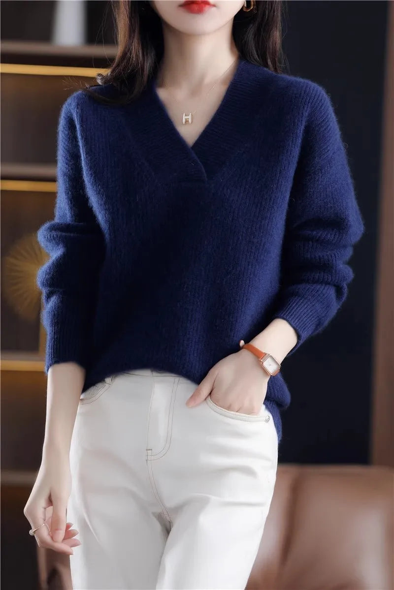 V-neck Basis Pullover Women's Solid Loose Knit Sweater Autumn Winter Jumpers Knitwear Soft Warm Chic Femme Sweater Casual Tops