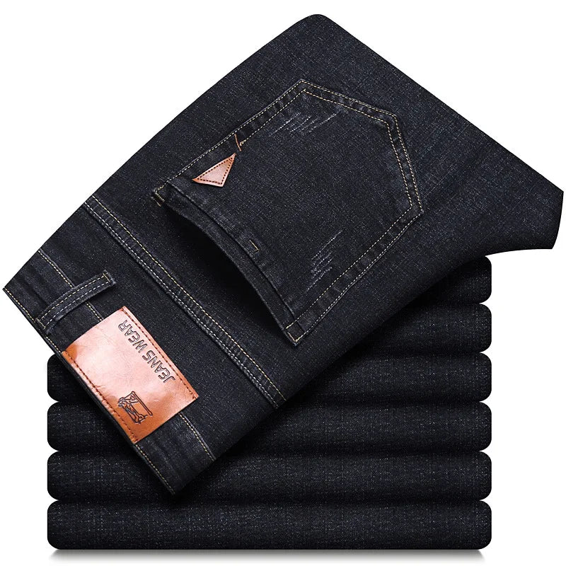 Autumn Classic Men's Fitted Stretch Jeans Business Casual Cotton Denim Straight Leg Pants Male Black Blue Trousers
