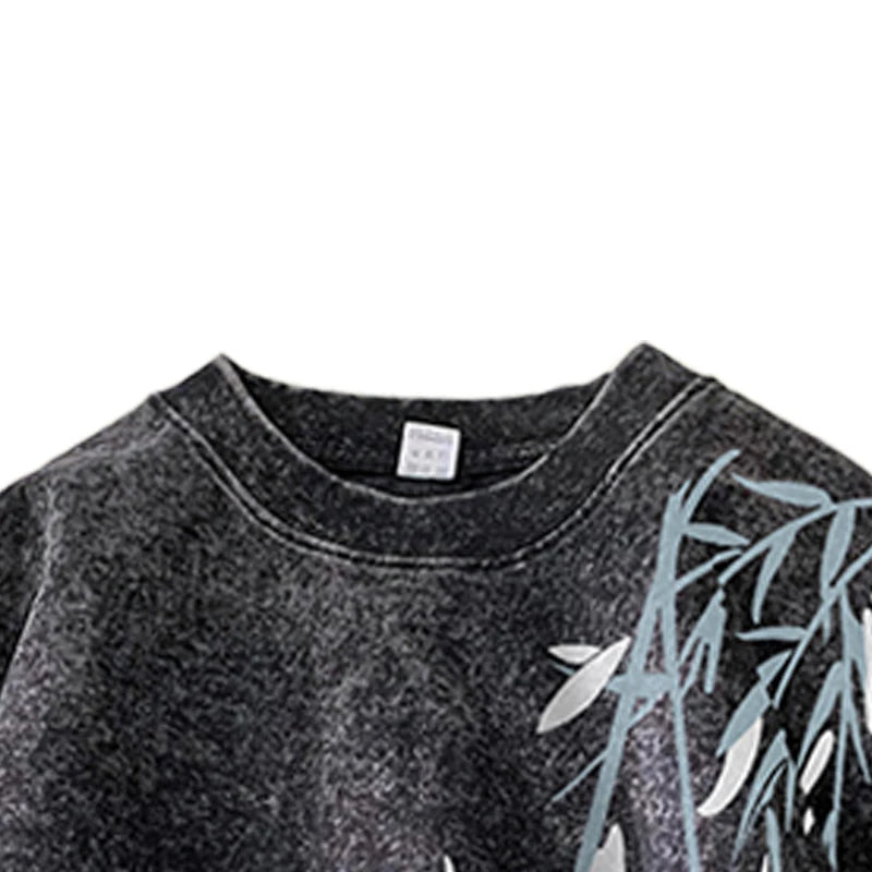 Bamboo Leaf Pattern Short Sleeve Heavy Fabric Acid Washed Men's T-shirt Men Woman Streetwear Oversized Loose Tops Summer Tees