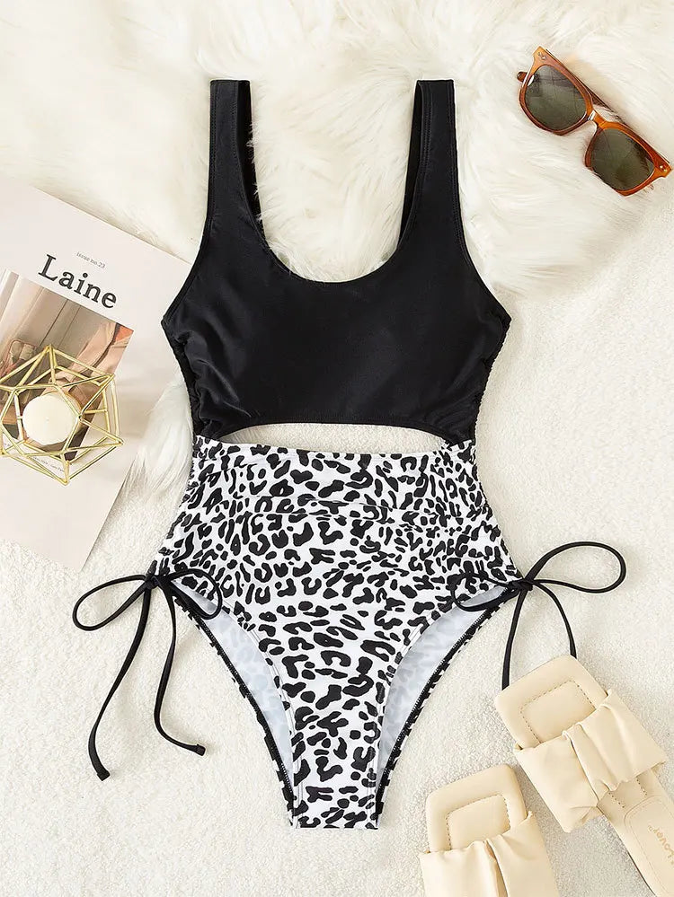 2024 Leopard Print Bikini High Waist One Piece Swimsuit for Women Sexy Hollow Out Swimwear Summer Beach Vacation Monokini New