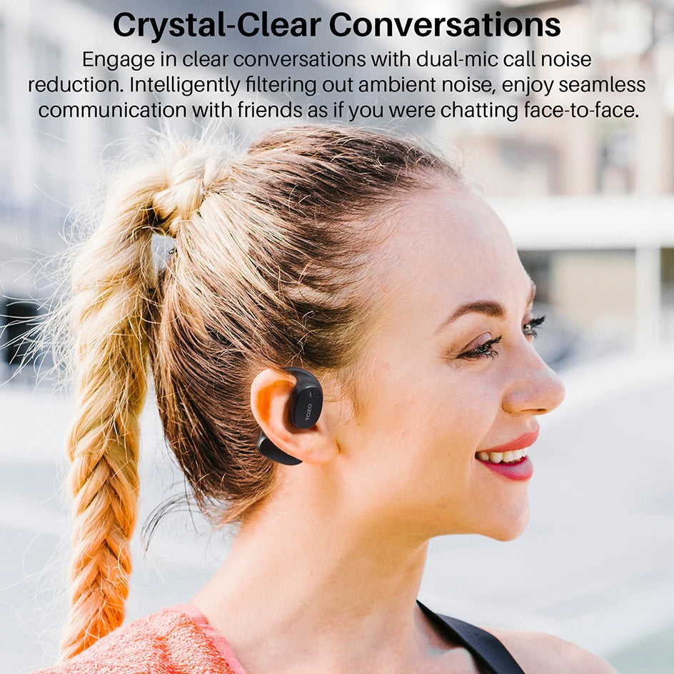 Refurbished TOZO OpenEgo Headsets Open Ear Headphone Bluetooth Dual Mic Clear Call Earphones with Earhooks IPX5 Water-resistant