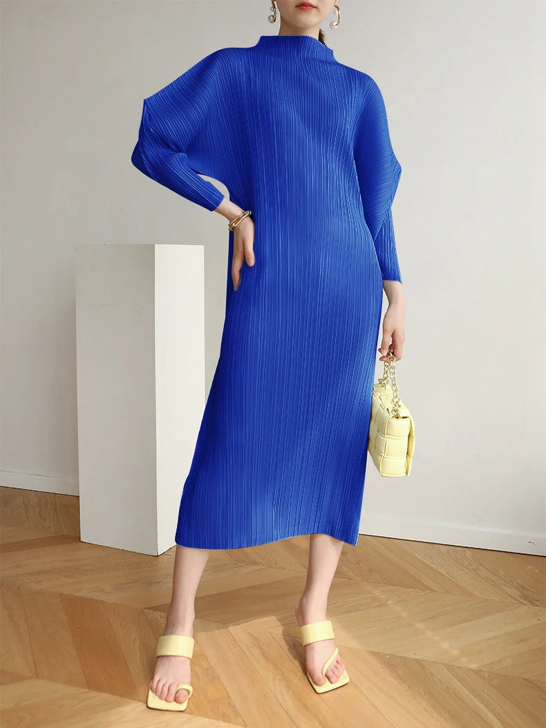 Miyake Pleats Batwing Sleeve Pleated Long Dress Korean High Fashion Causal Elegant Women Designer Clothing