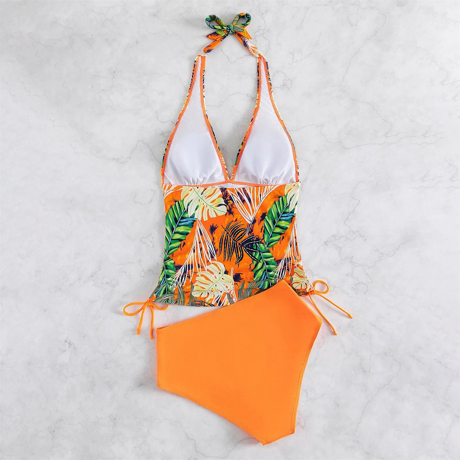 Sexy Halter Deep V Leaf Print Swimwear Ladies Large Size Covering Belly And Slimming Swimwear Triangle Solid Tie Split Swimsuit