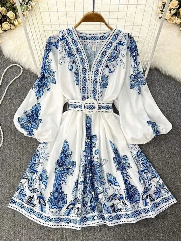 Spring Elegant Women Dress 2025 Fashion Lantern Sleeve V Neck Boho Print Dress Vintage Belt Loose Party Dresses Femme Vestidos