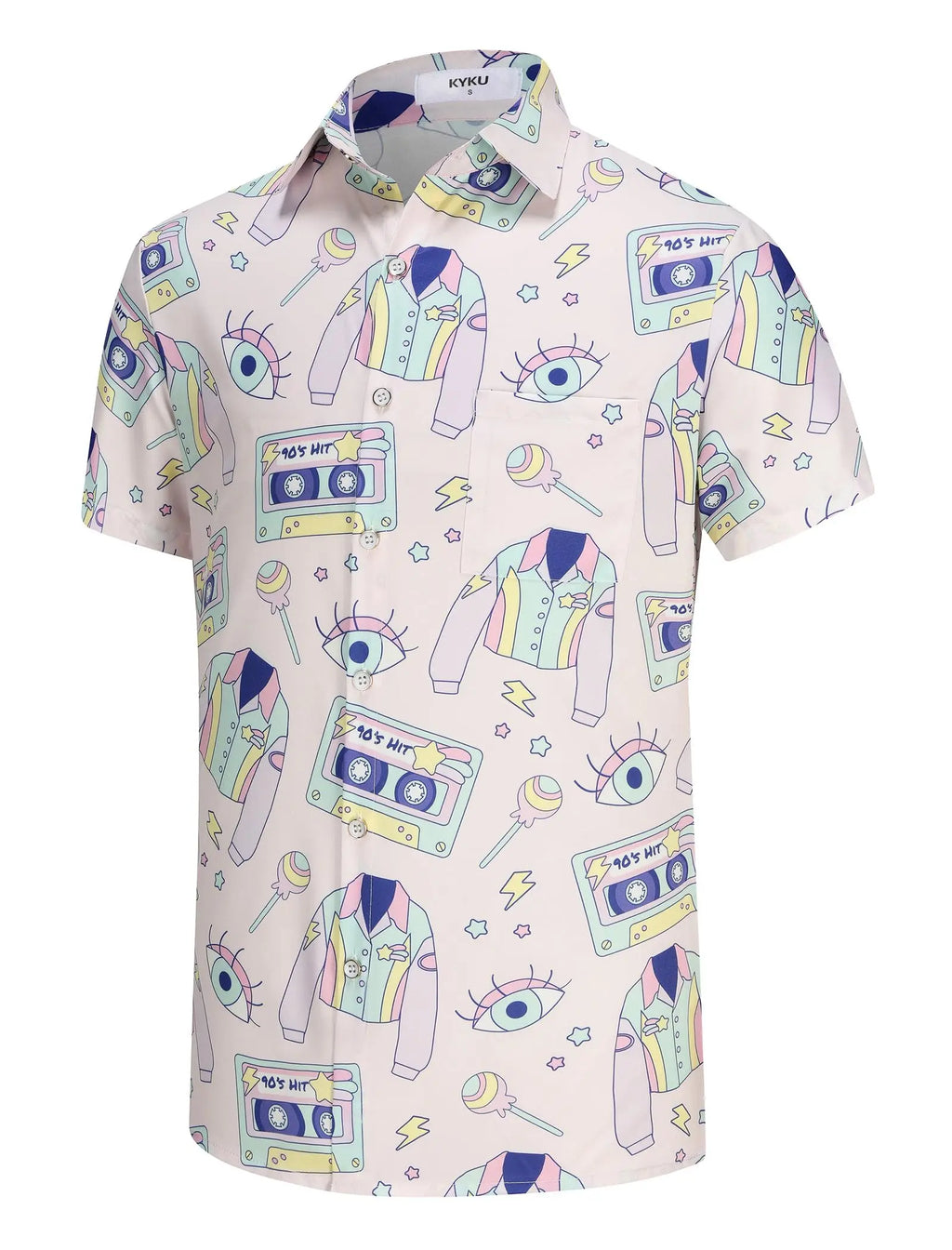 KYKU 80s Costume 90s Clothes Hawaiian Shirt for Men Button Down Shirts Short Sleeve Retro Disco Outfits