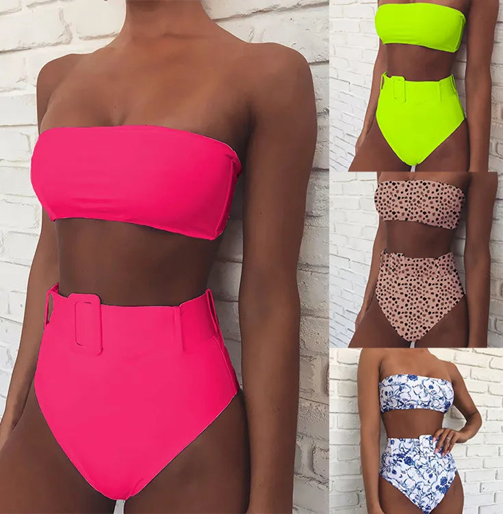 2023 Swimsuit Women Neon Green Strapless High Waist Bikini Beach Bathing Suit Waist Buckle Swimwear Maillot De Bain Femme XMB10