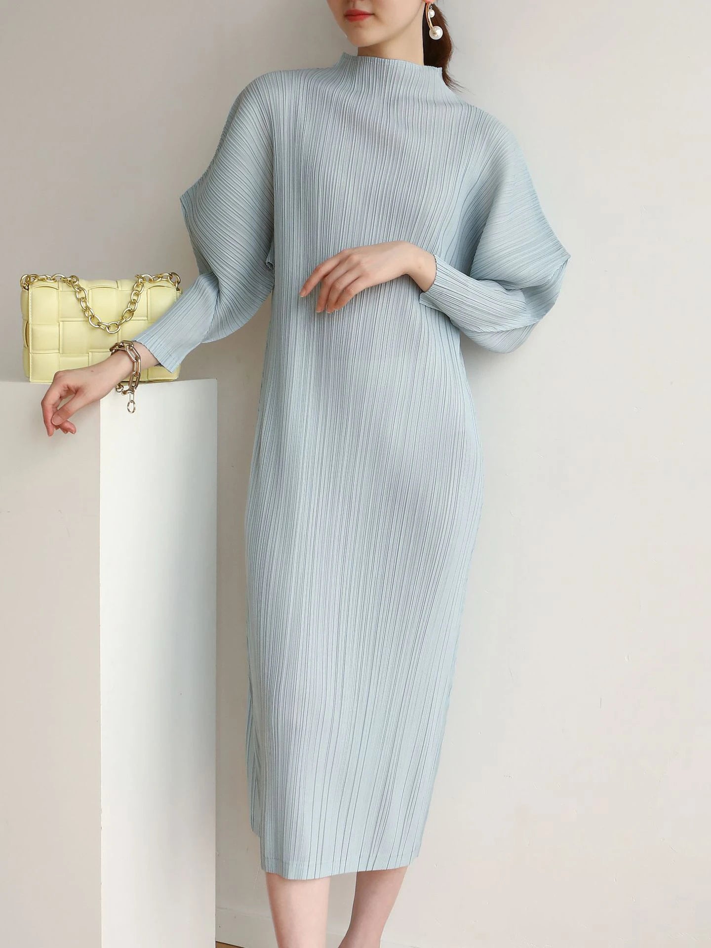 Miyake Pleats Batwing Sleeve Pleated Long Dress Korean High Fashion Causal Elegant Women Designer Clothing