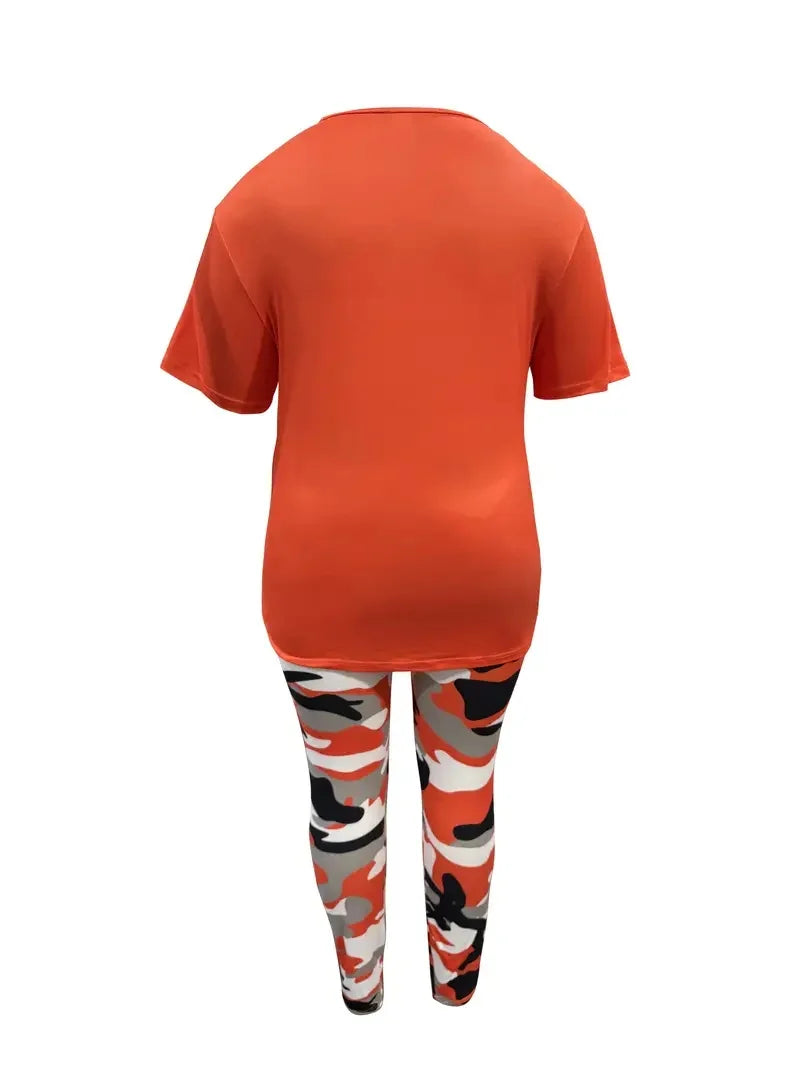 Plus Size Women's Casual Suit, Fashion Letter Print Camouflage Pants Two-Piece Set