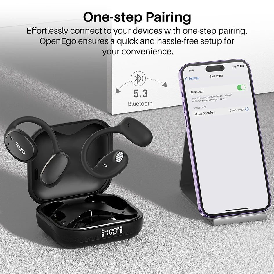 Refurbished TOZO OpenEgo Headsets Open Ear Headphone Bluetooth Dual Mic Clear Call Earphones with Earhooks IPX5 Water-resistant