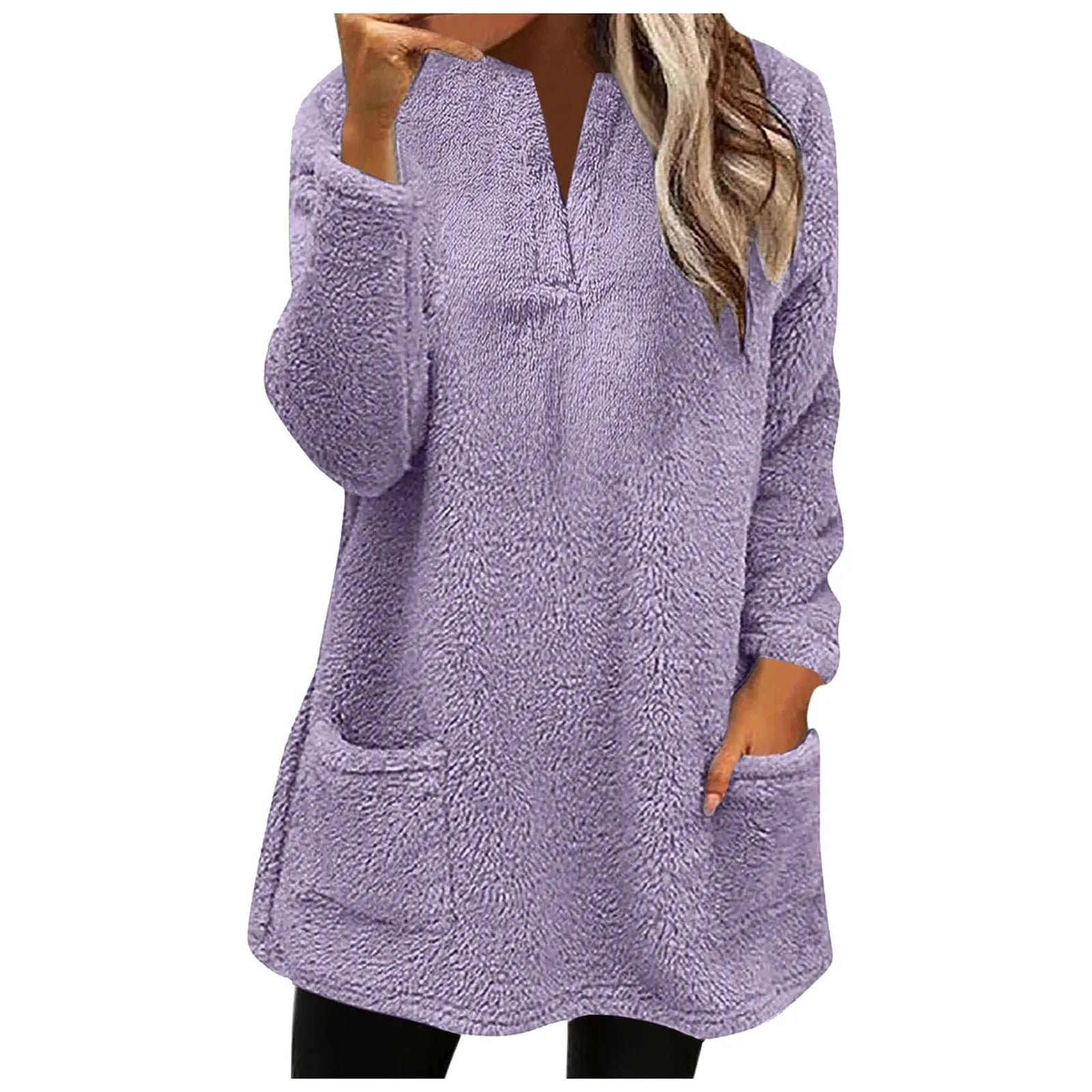2024 New Women Long Sleeve Fleece Sweatshirts Double Pocket V Neck Pullover Tops Solid Color Plush Sweatshirt Female Outerwear