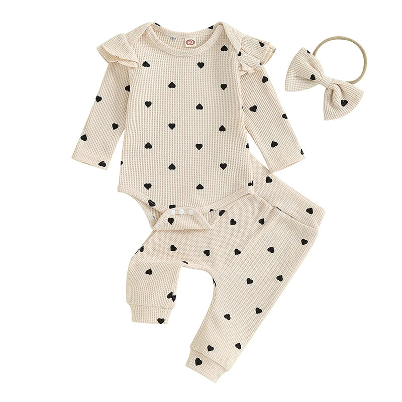 2023-09-12 Lioraitiin Infant Baby Girl Clothes Set Waffle Knit Heart Long Sleeve Romper Pants Headband Suit Outfits Fall Clothes