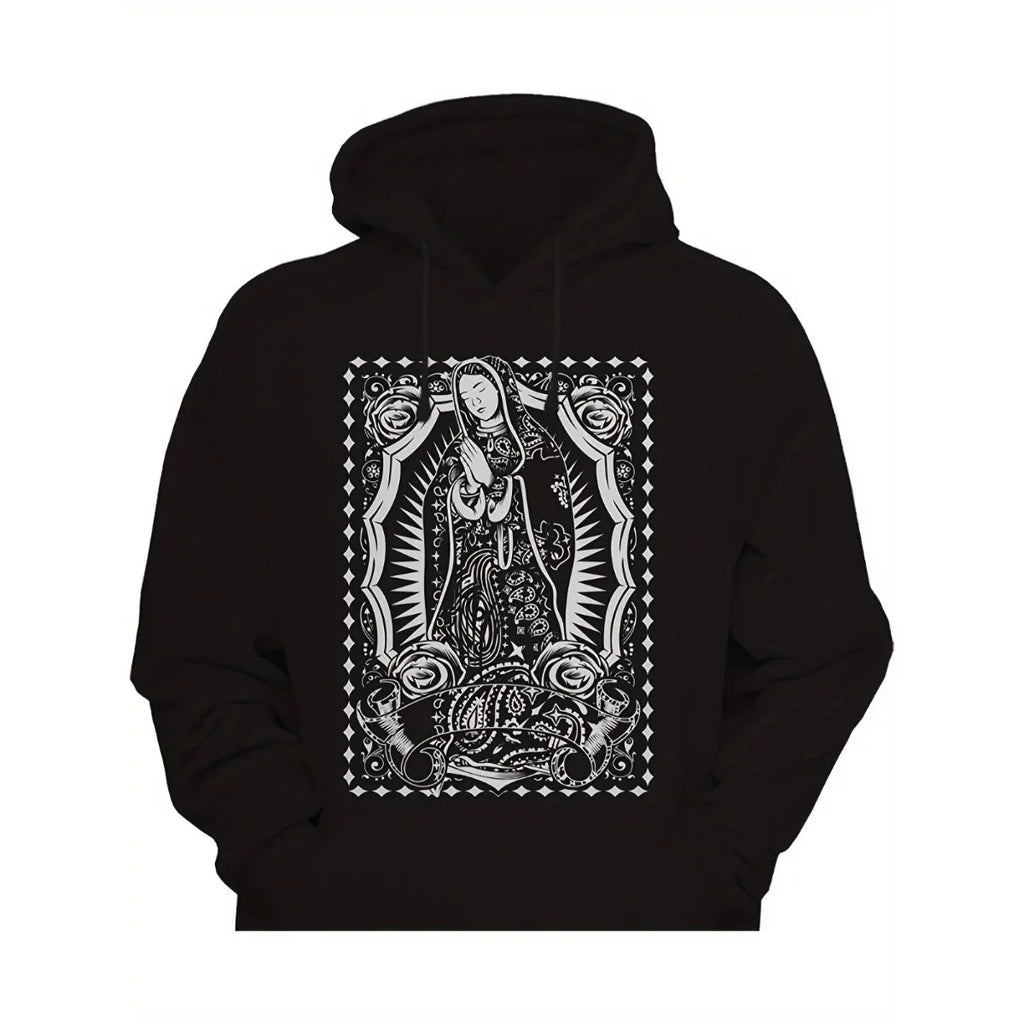 Men's Fashion Virgin Mary Pattern Printed Hoodie Casual Sports Street Style Thick Velvet Hoodie Suitable forFestival Gift Hoodie
