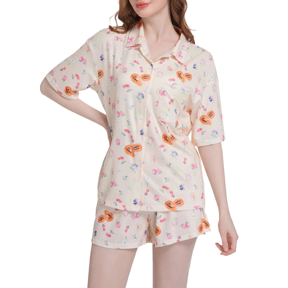 Women Fruit Print Pajamas Set Breathable Soft Loungewear Button Down Sleepwear Cute Pyjama Trousers Set for Loose Home Wear
