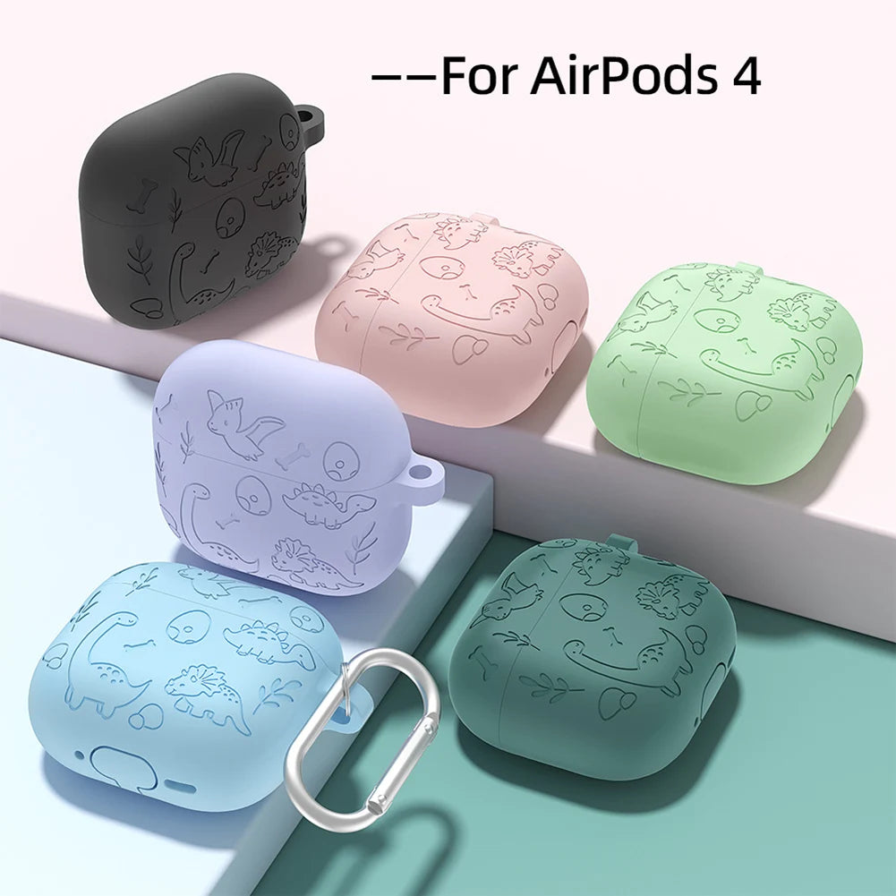 Silicone Case Protector with Carabiner Engraved Flower Dinosaur Case Soft Silicone Skin Protective Case for AirPods 4 Gen (2024)