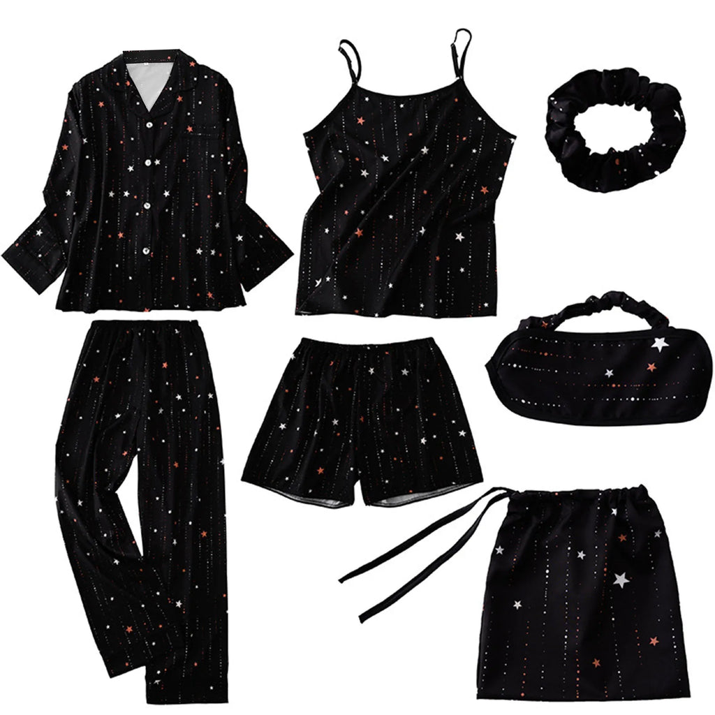 7pcs Women Pajamas Set Cotton Autumn Winter Homewear Suit Spring Summer Girls Sexy Pijama Tracksuit Elegant Female Loungewear