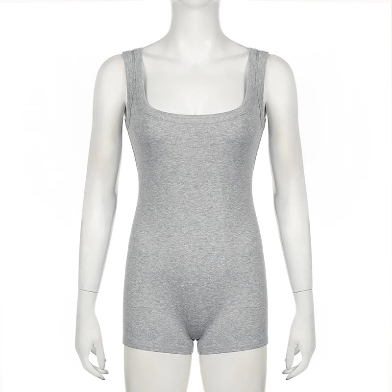 BIIKPIIK Solid Square Collar Women Rompers Casual Sleeveless Knit Playsuits Sporty Jogging Slim Fit Overalls Body-shaping Summer