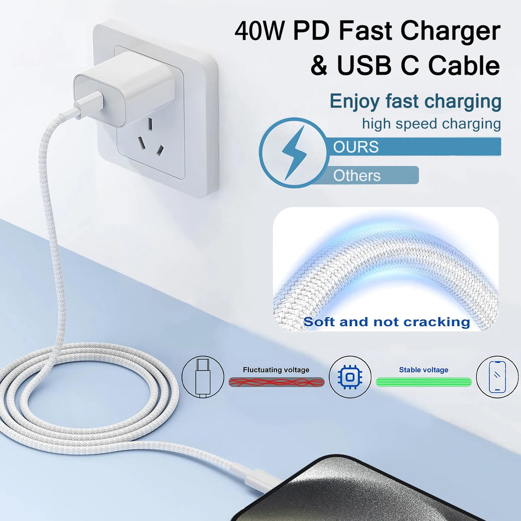 40W PD Fast Charger For iPhone 17 16 15 Pro Max USB C to C Fast Charging Cable For Samsung S25 S24 AirPods Phone Accessories