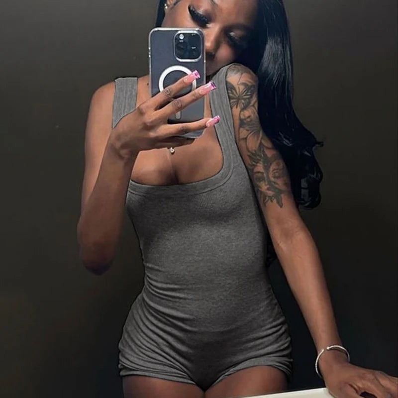 BIIKPIIK Solid Square Collar Women Rompers Casual Sleeveless Knit Playsuits Sporty Jogging Slim Fit Overalls Body-shaping Summer