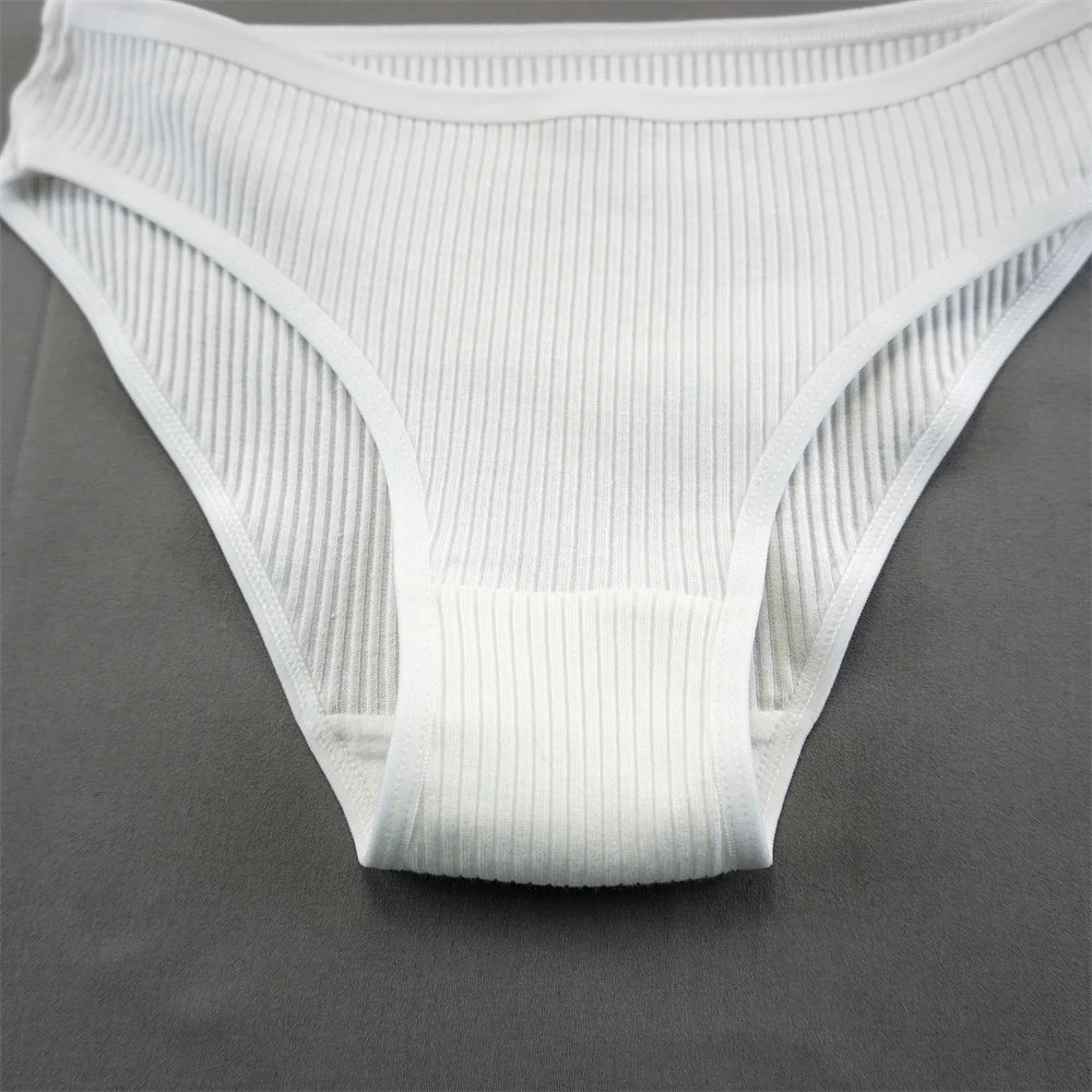 5Pcs White Ribbed Cotton Panties Women Breathable Low Rise Simple Panty Girls Bikini Briefs Sports Underwear
