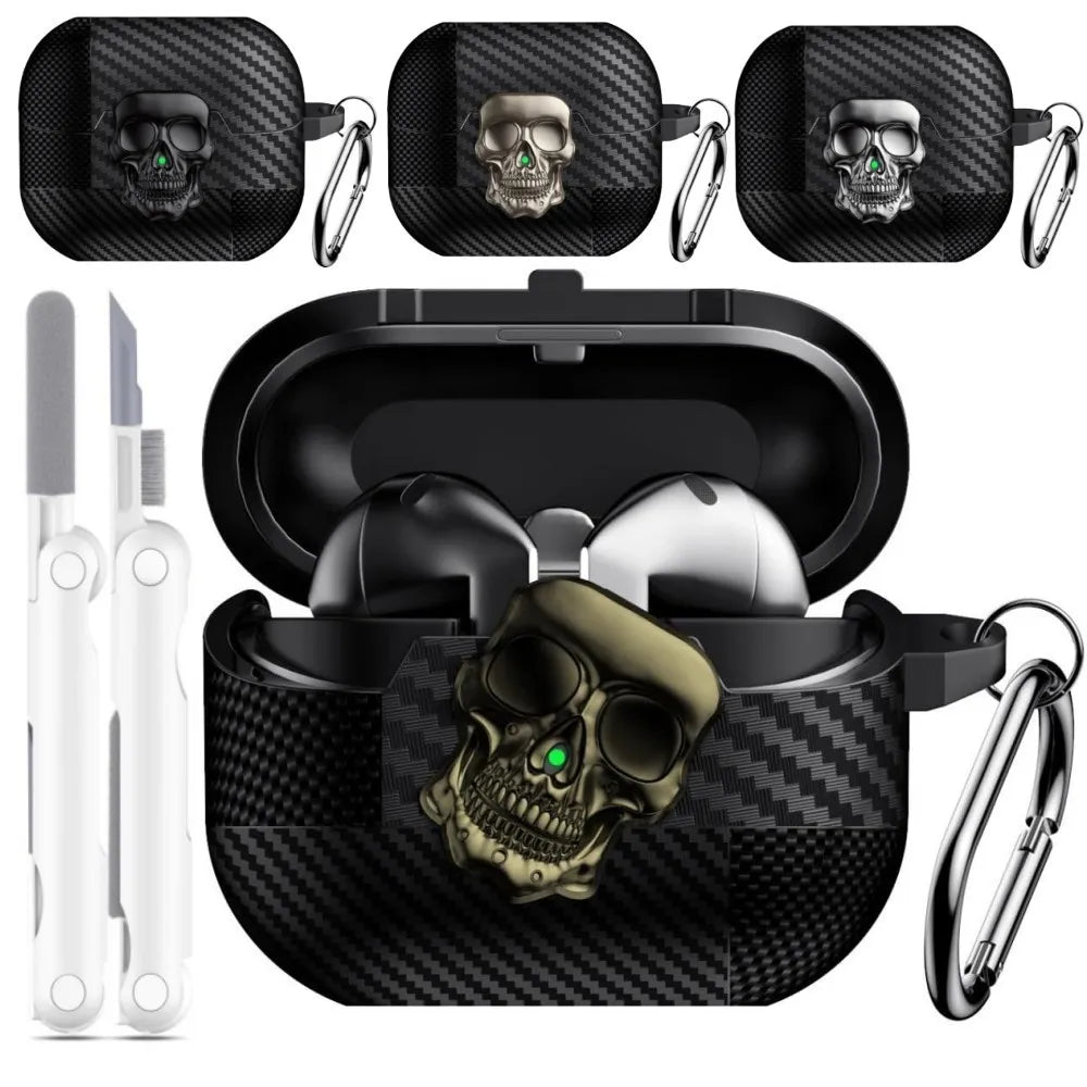 New For Samsung Galaxy Buds 3 Pro with Keychain & Cleaner Kit Funny Skull Carbon Fiber Protective Case For Samsung Galaxy Buds 3
