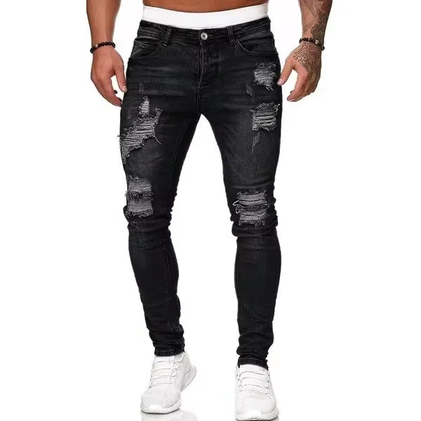 2025 ipped Mid Waist Slim Fit Men Jeans Vintage Denim Wash Solid Punk Style Skinny Pencil Pants Distressed Holes Ankle Length