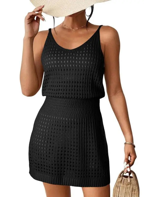 Summer Hollow Out Knitting Mini Spaghetti Strap Dresses Women Sexy V-neck Backless Vacation Beach Dress Casual Beachwear Vestido