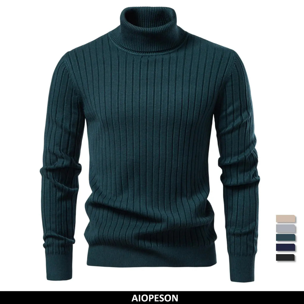 AIOPESON Men's Turtleneck Sweater Solid Color with Striped Pullover Warm Knitwear Winter Basic Casual High Quality Sweater Male