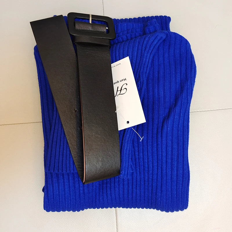 H Han Queen Knitted Turtleneck Sweater Bodycon Dress Bottoming Women Soft Elastic Autumn Winter Midi Party Dresses With Belt