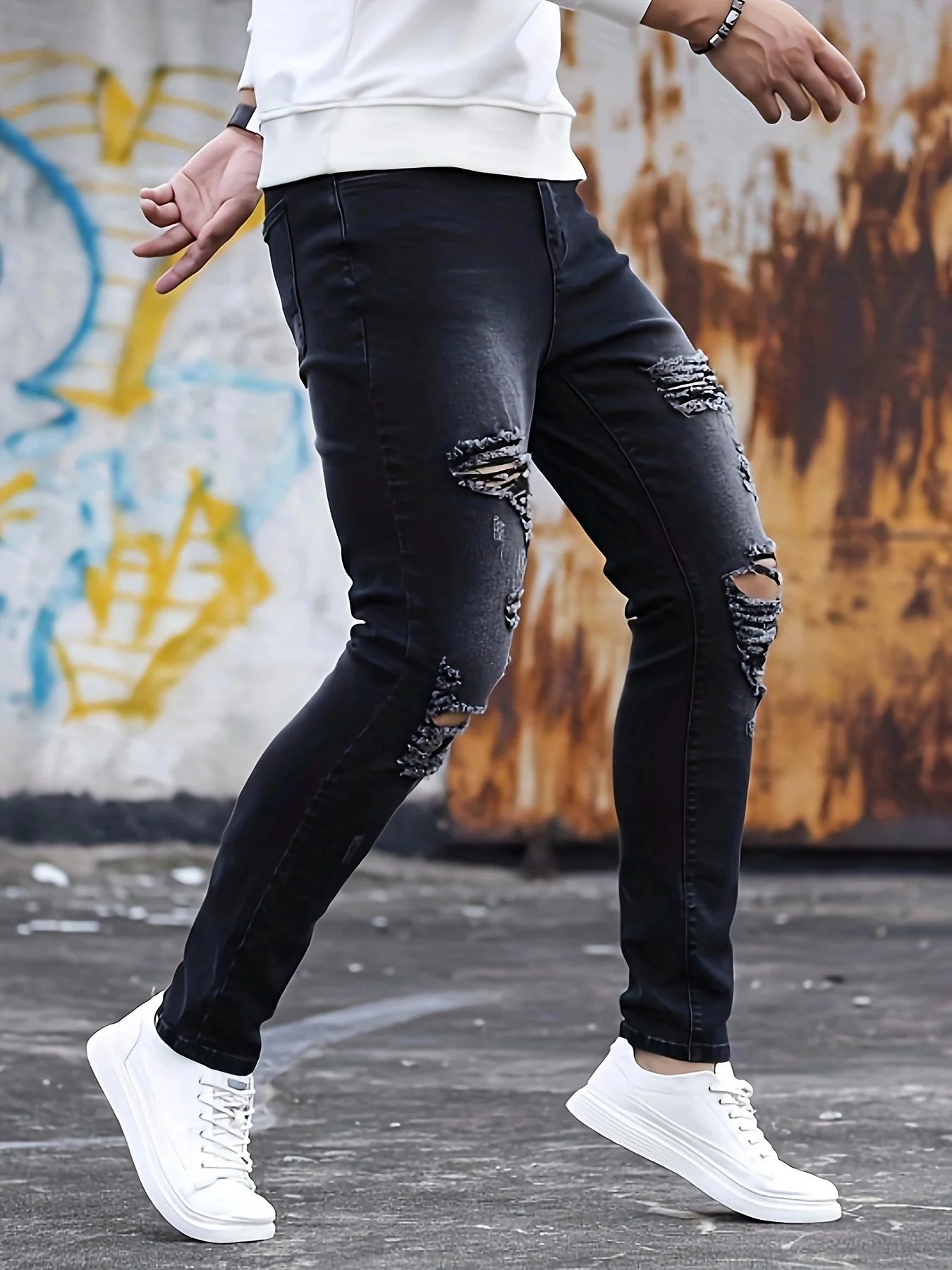 Men's black slim fit jeans, fashionable ripped elastic jeans