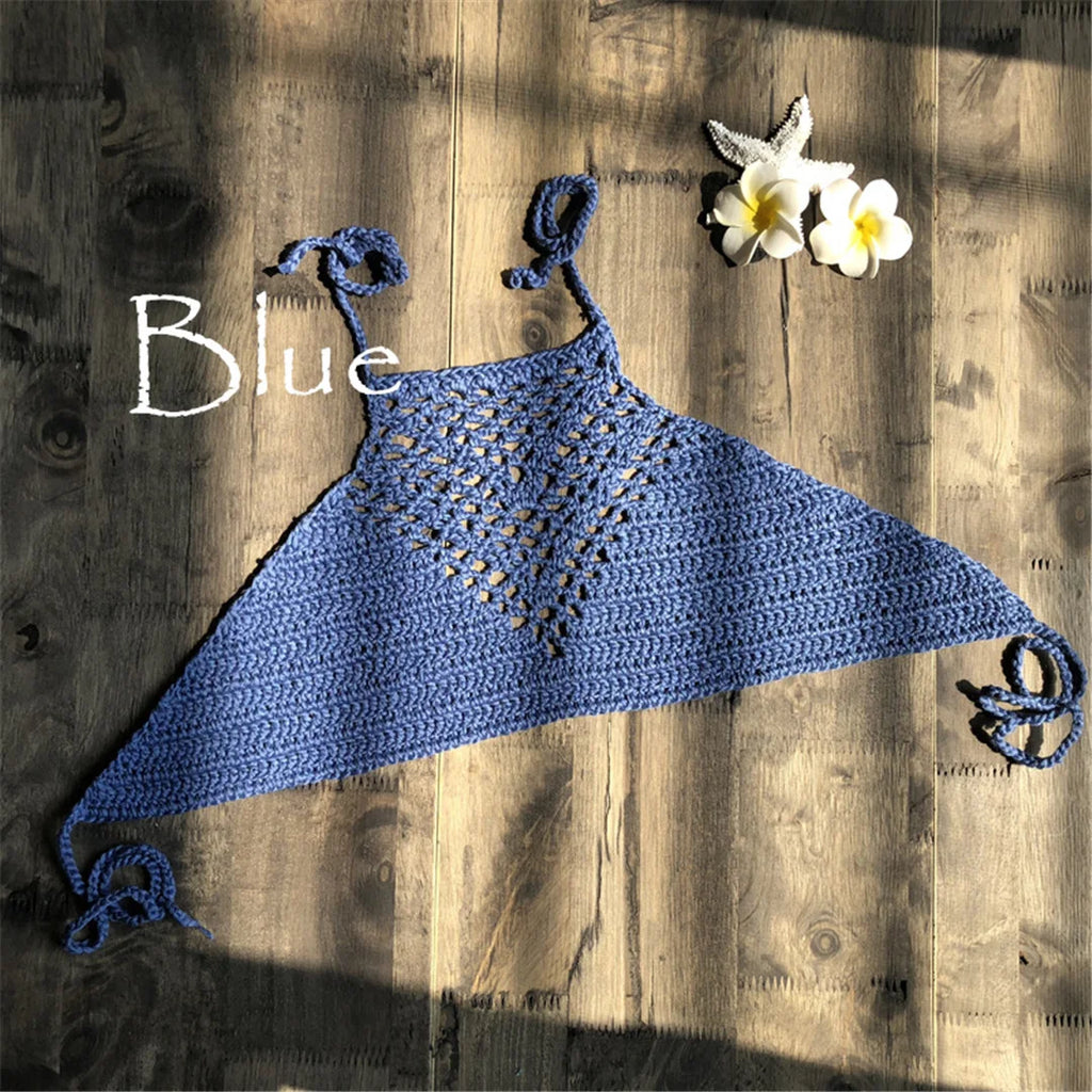 7 Colors Crochet Knitted Halter Bikini Top Female Swimsuit Women Swimwear Bather Bathing Suit Swim Hollow Out Beach Top V4192