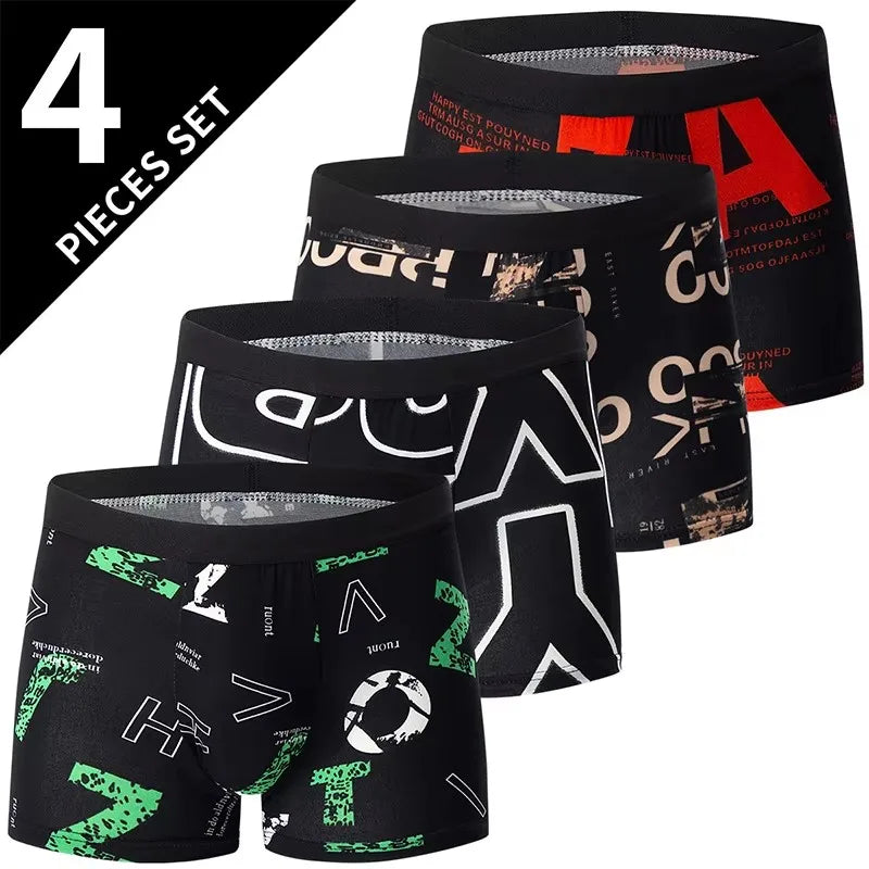 4PCS Men's Letter Printed Black Boxers Summer Sports Breathable Underwear Men's Comfortable And Casual Boxers Men Underwear