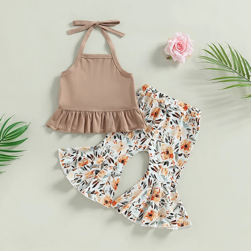 2023-02-16 Lioraitiin 0-24M Newborn Baby Girls 2Pcs Summer Clothing Set Lacing Halterneck Vest with Flower Print Flare Pants